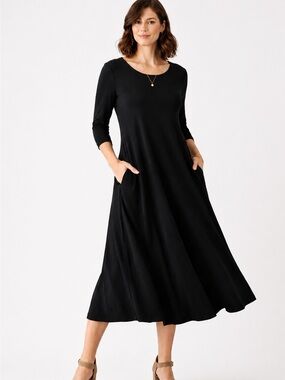 Eileen Fisher Black Midi A-Line Dress with Pockets
